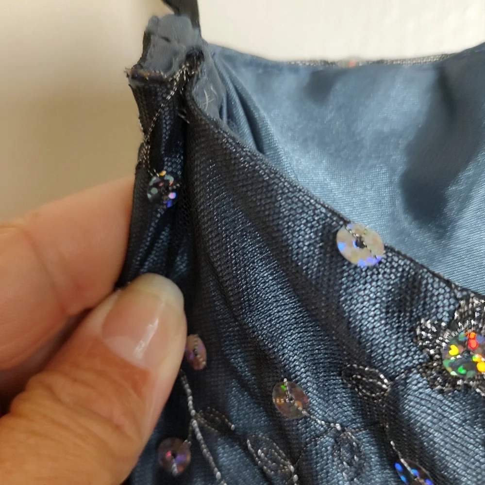 Jessica McClintock Midnight Blue Strapless Satin Sequin Dress - Picture 8 of 12